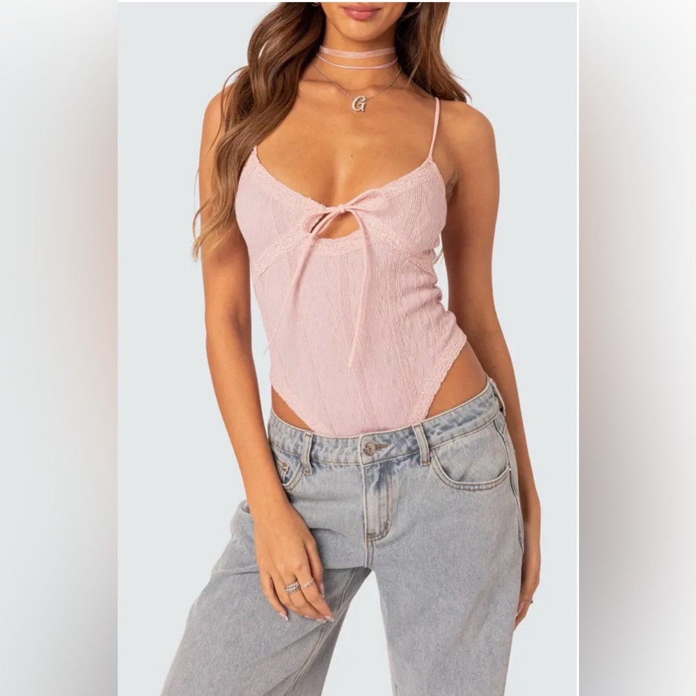 NWT Edikted Lacey Knit Cut Out Bodysuit Blush Pink Women's Size S N